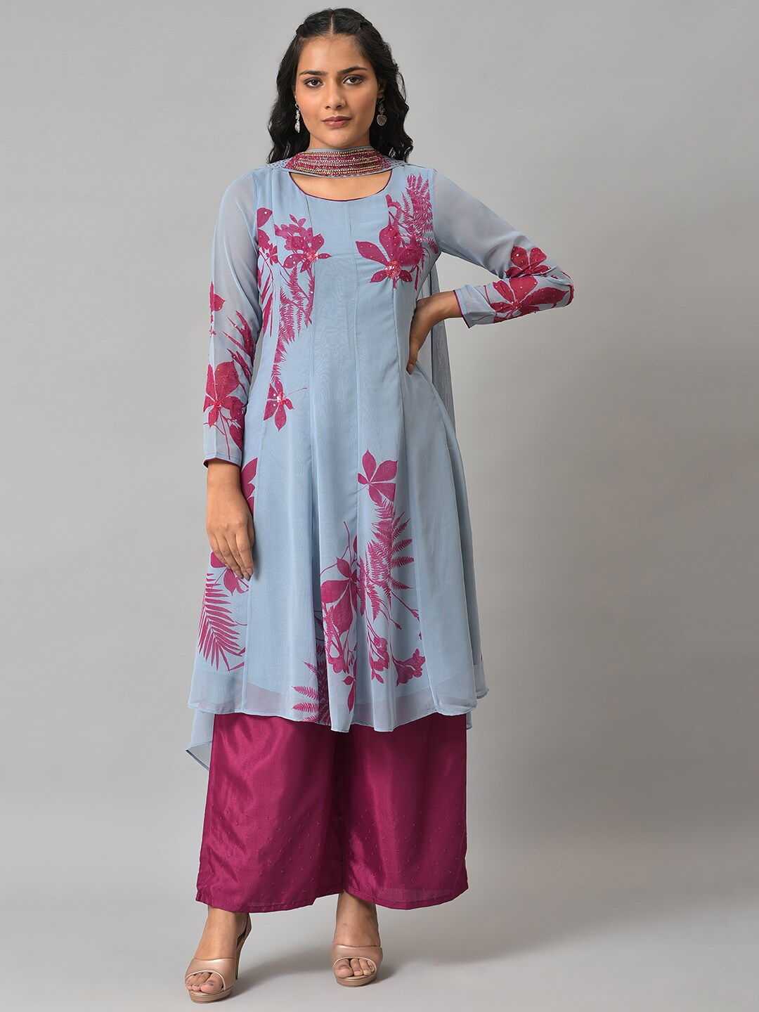 

WISHFUL Women Blue Floral Printed Kurta with Palazzo & Dupatta