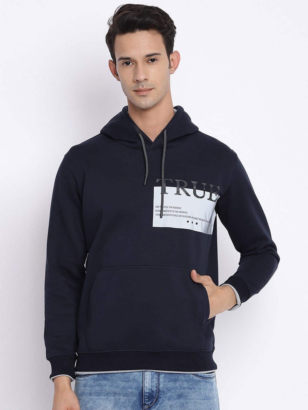 

Cantabil Men Navy Blue Printed Hooded Wool Sweatshirt