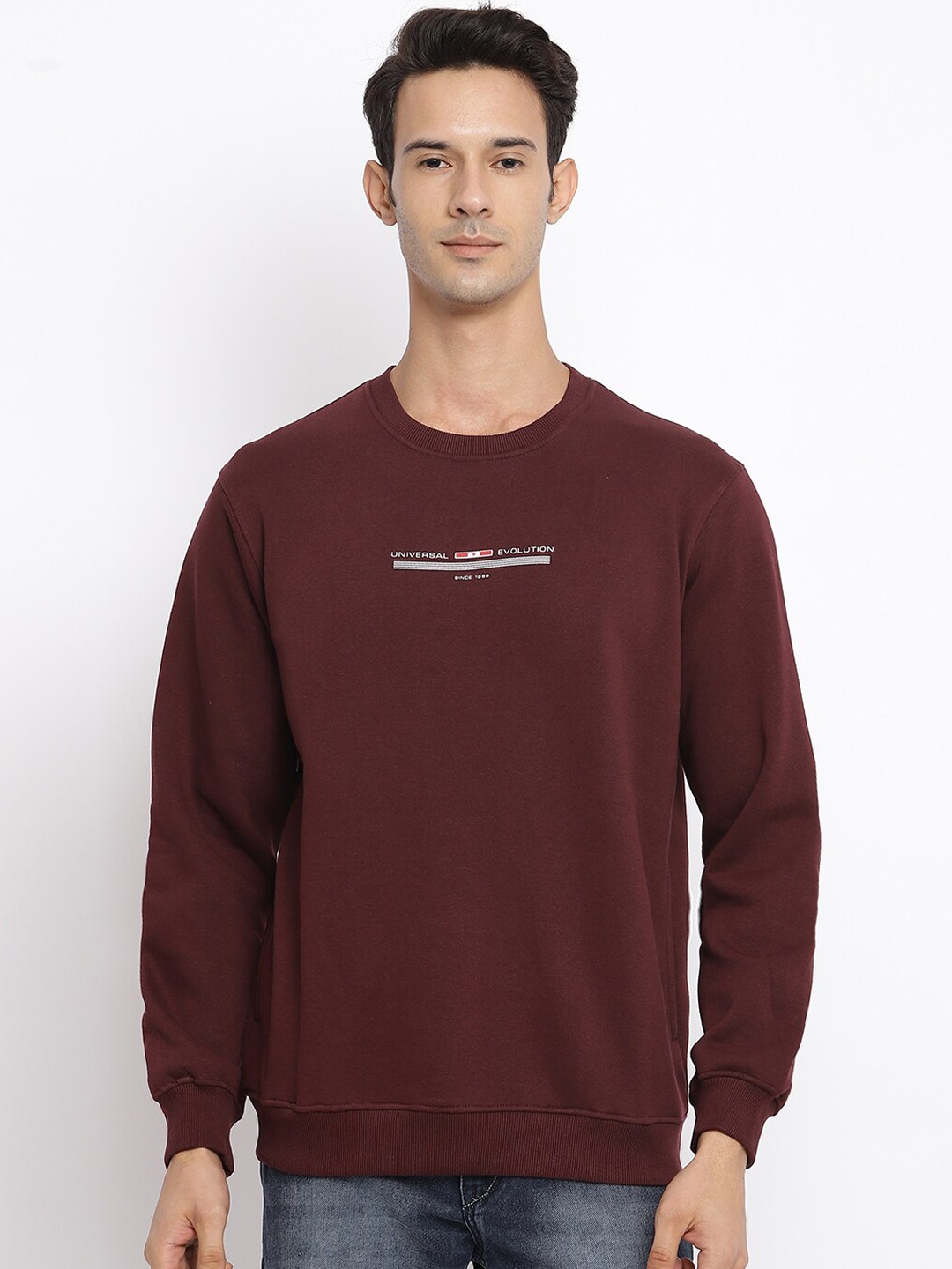 

Cantabil Men Burgundy Solid Wool Round Neck Sweatshirt