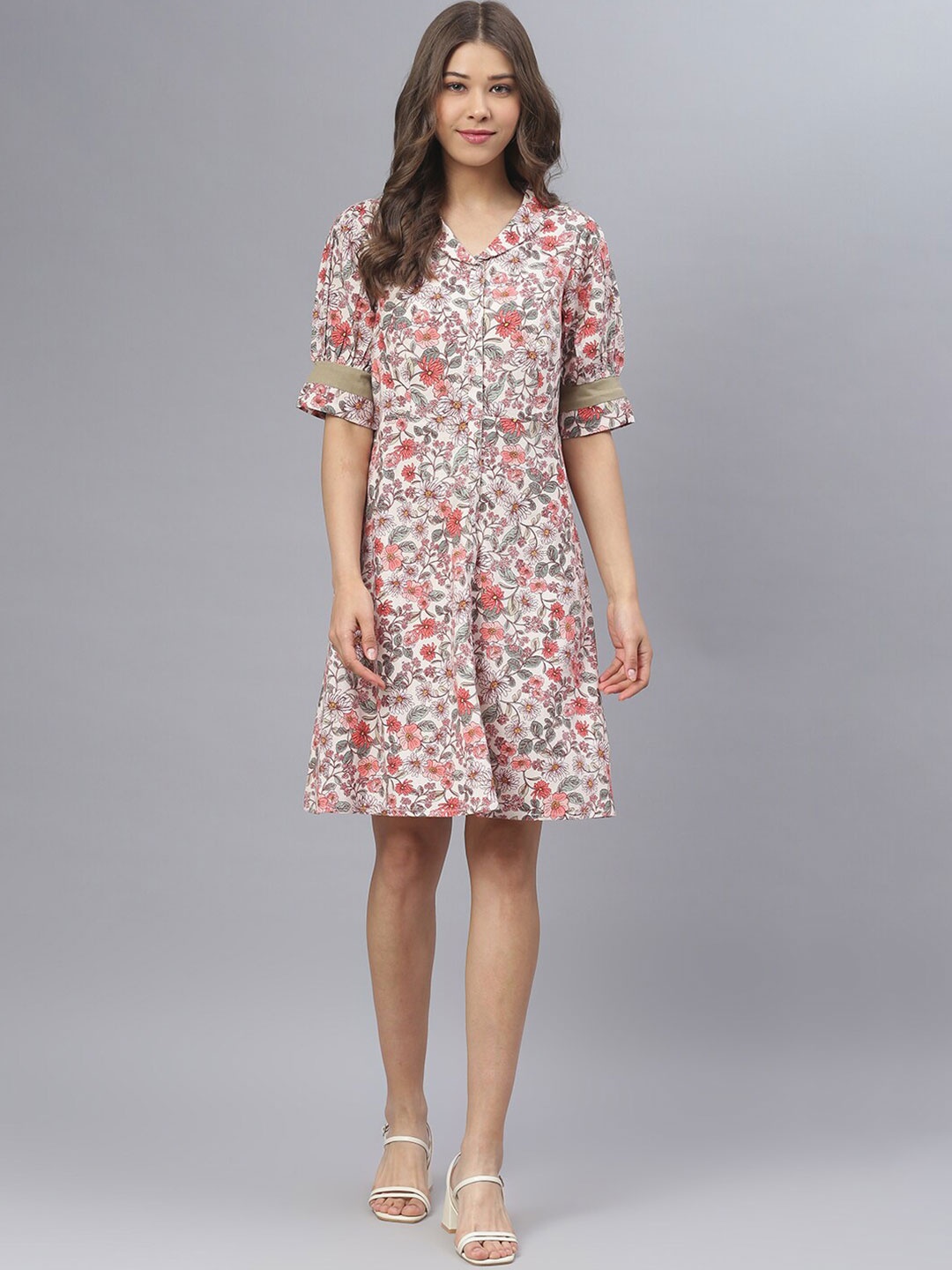 

DEEBACO Off White & Red Floral Printed Cotton A-Line Dress