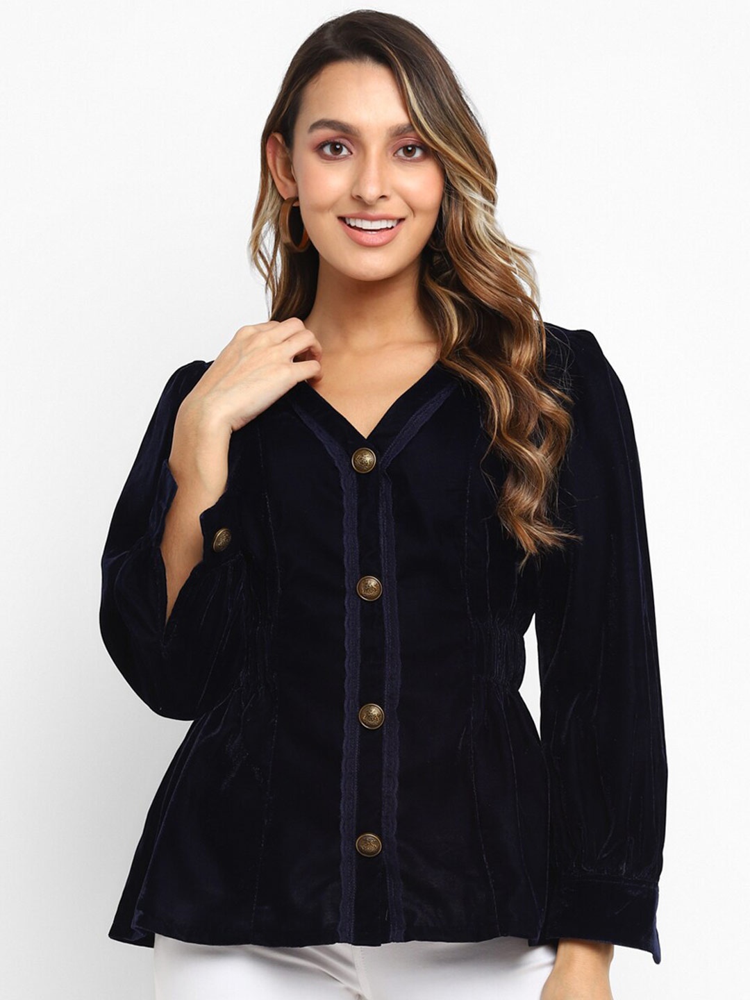 

Taurus Navy Blue Velvet Shirt Style Top