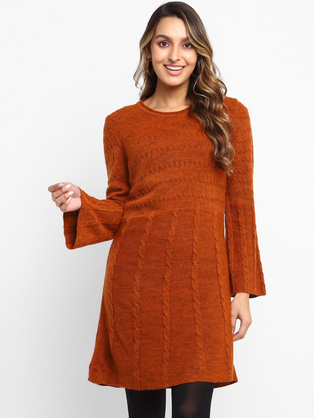 

Taurus Self Design Bell Sleeves Formal A-Line Dress, Rust