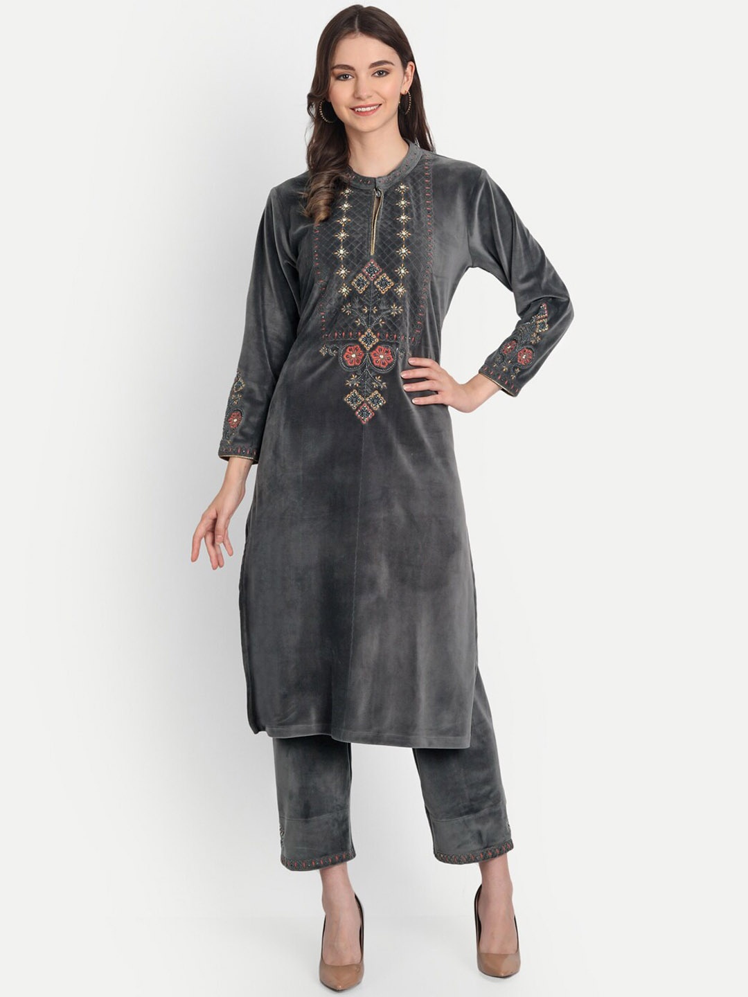 

HK colours of fashion Women Grey Embroidered Aari Work Velvet Kurta with Trousers