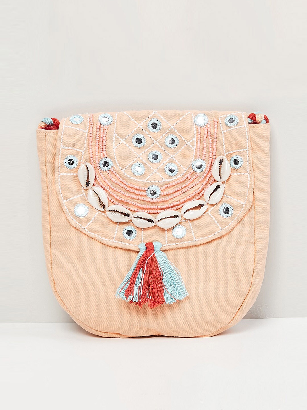 

max Beige Cotton Embellished Structured Sling Bag with Tasselled