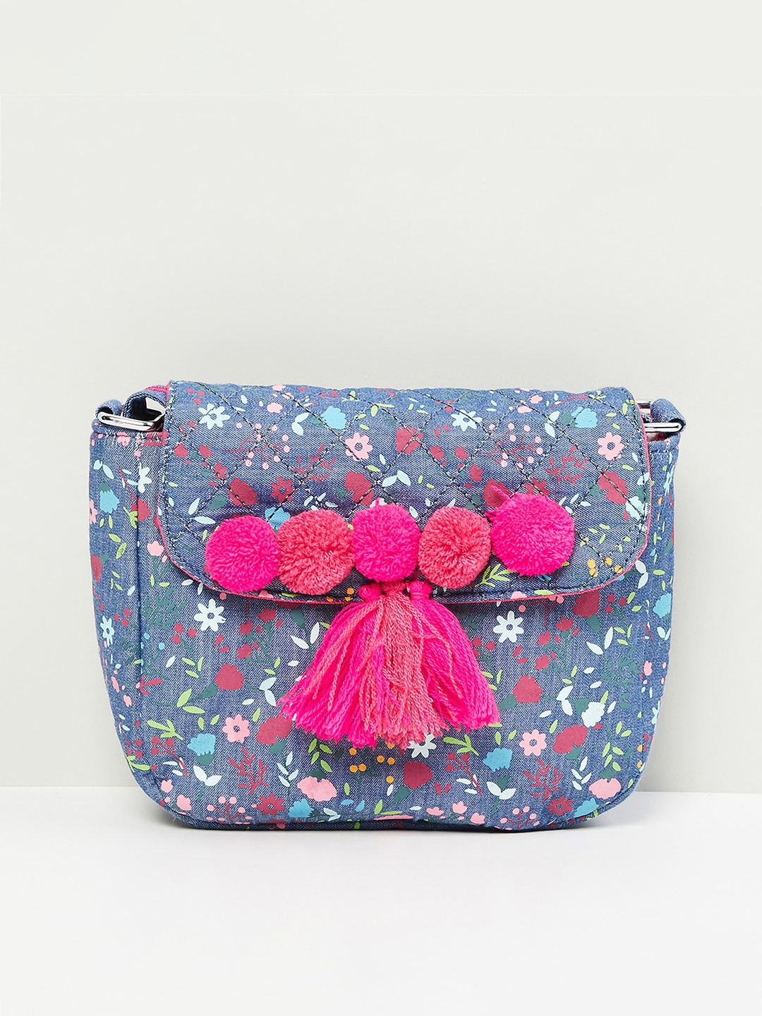 

max Women Blue Floral Printed Structured Sling Bag with Tasselled
