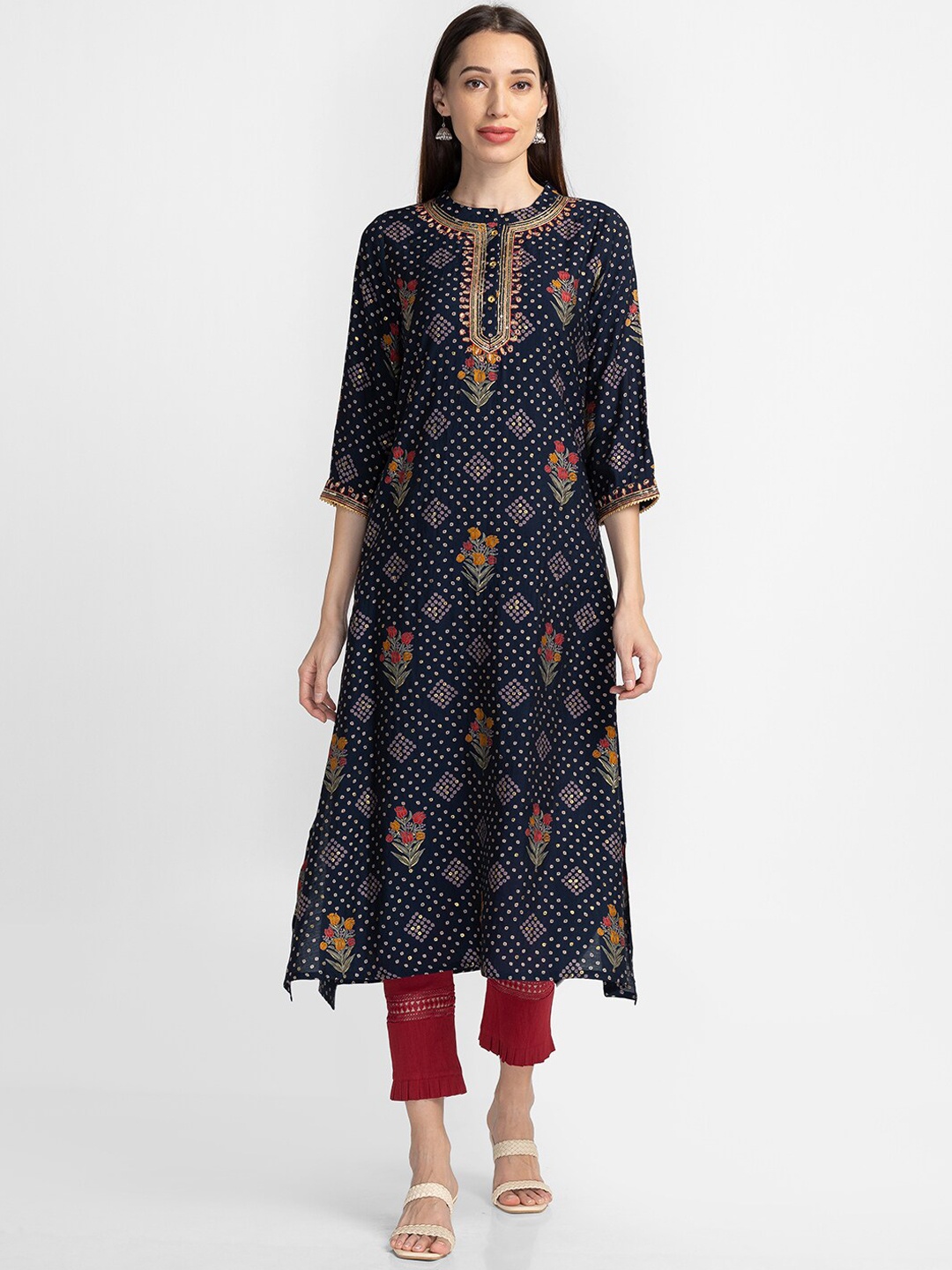

Globus Mandarin Collar Ethnic Motifs Printed Kurta, Blue