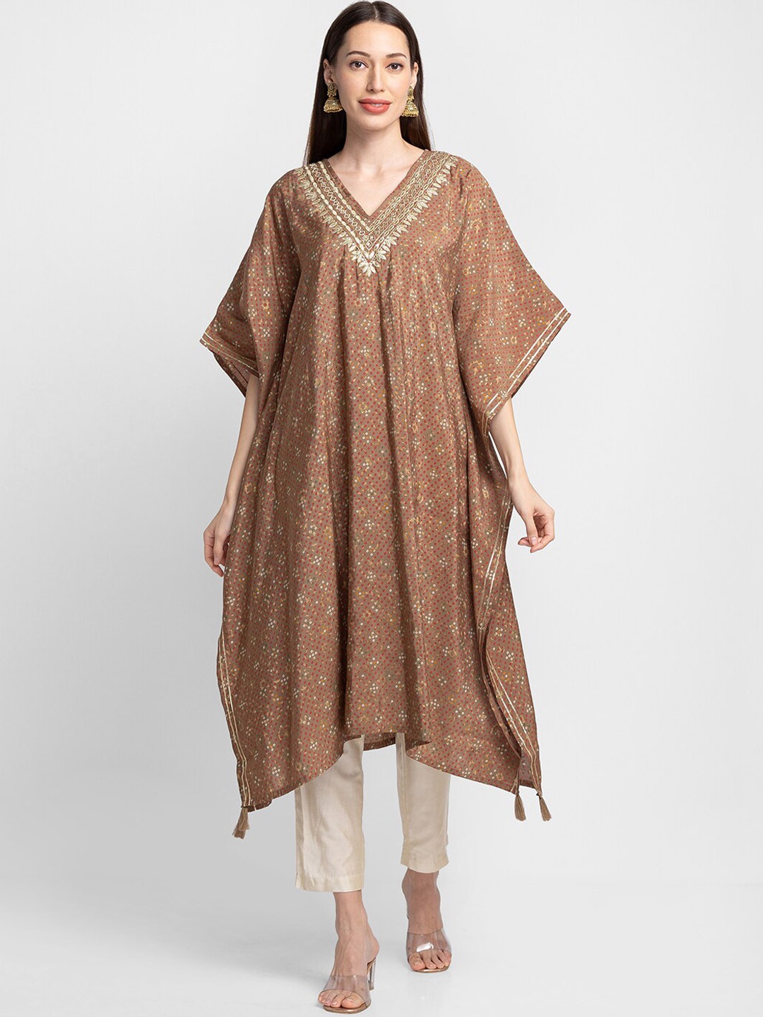 

Globus V-Neck Ethnic Motifs Printed Kaftan Kurta, Taupe