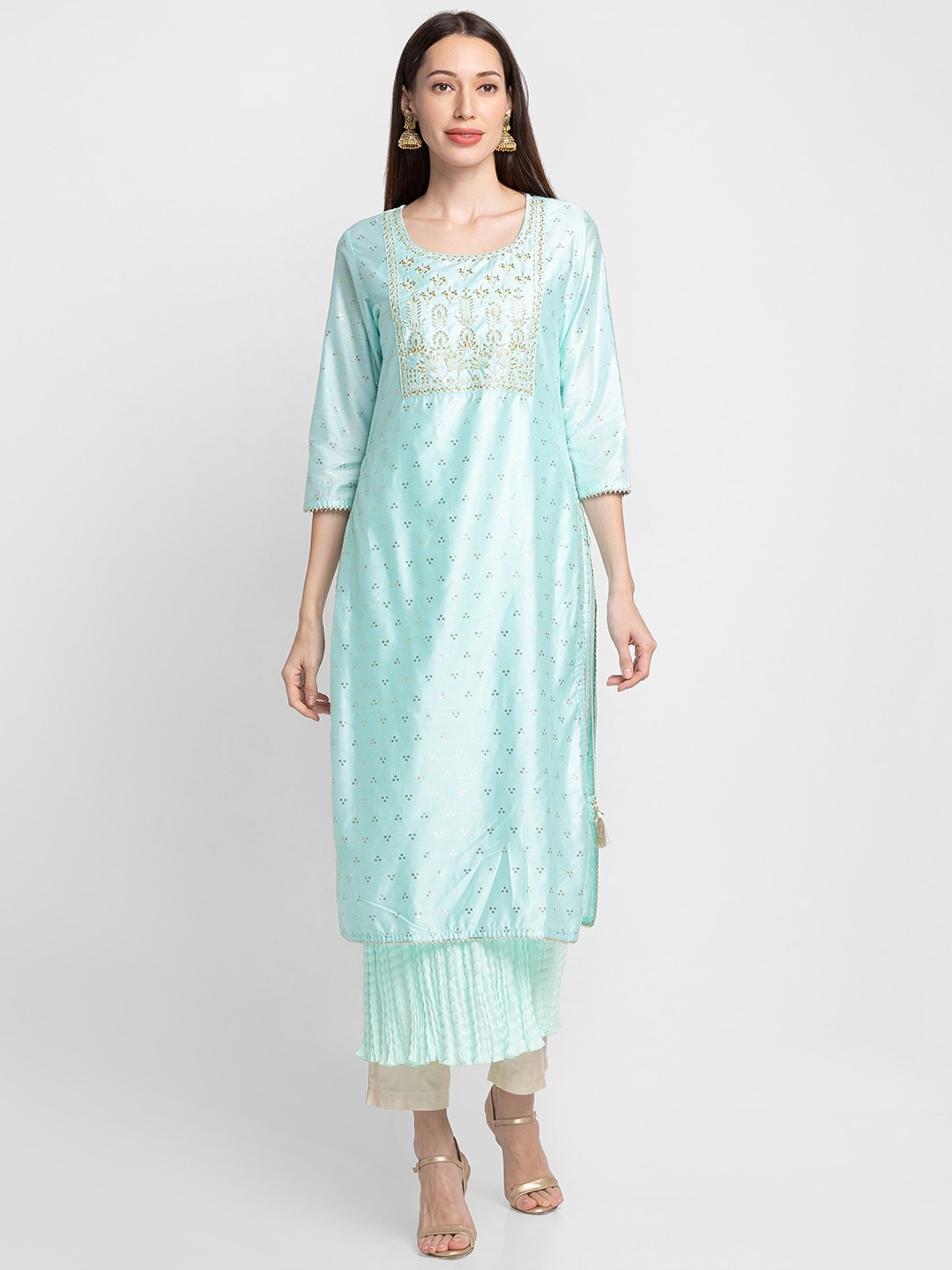 

Globus Women Sea Green Ethnic Motifs Embroidered Thread Work Kurta
