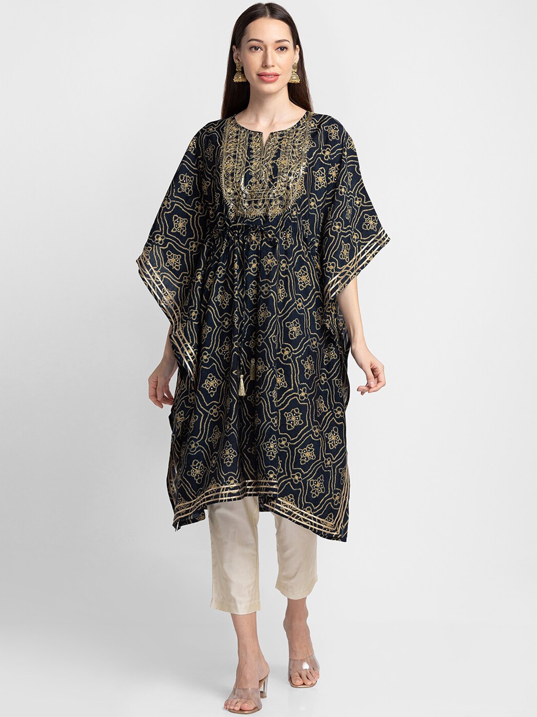

Globus Women Blue Ethnic Motifs Printed Flared Sleeves Thread Work Kaftan Kurta