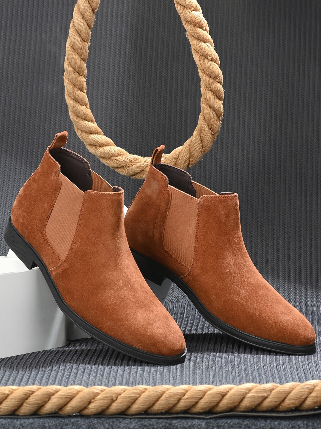 

San Frissco Men Tan Brown Solid Suede Leather Slip On Casual Chelsea Boots