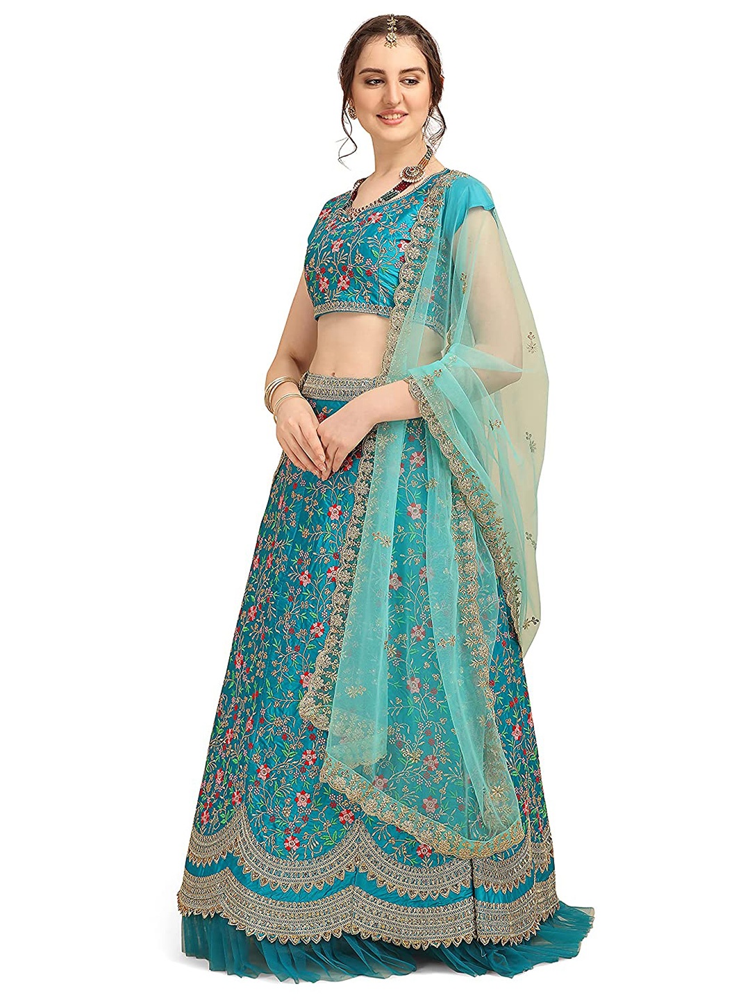 

Zainab chottani Blue & Pink Embroidered Thread Work Semi-Stitched Lehenga & Unstitched Blouse With Dupatta