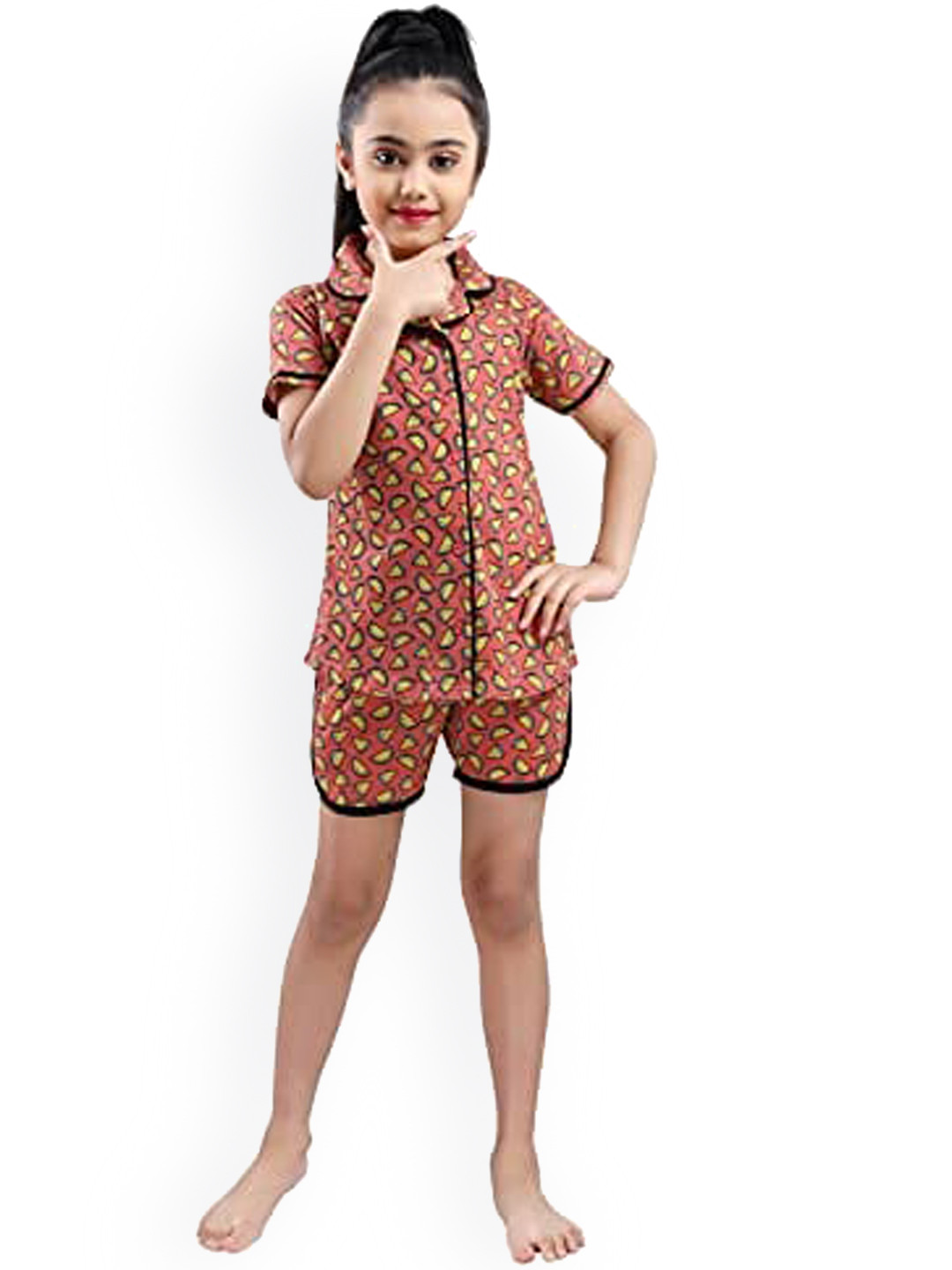 

9shines Label Girls Orange & Yellow Printed Pure Cotton Night Suit