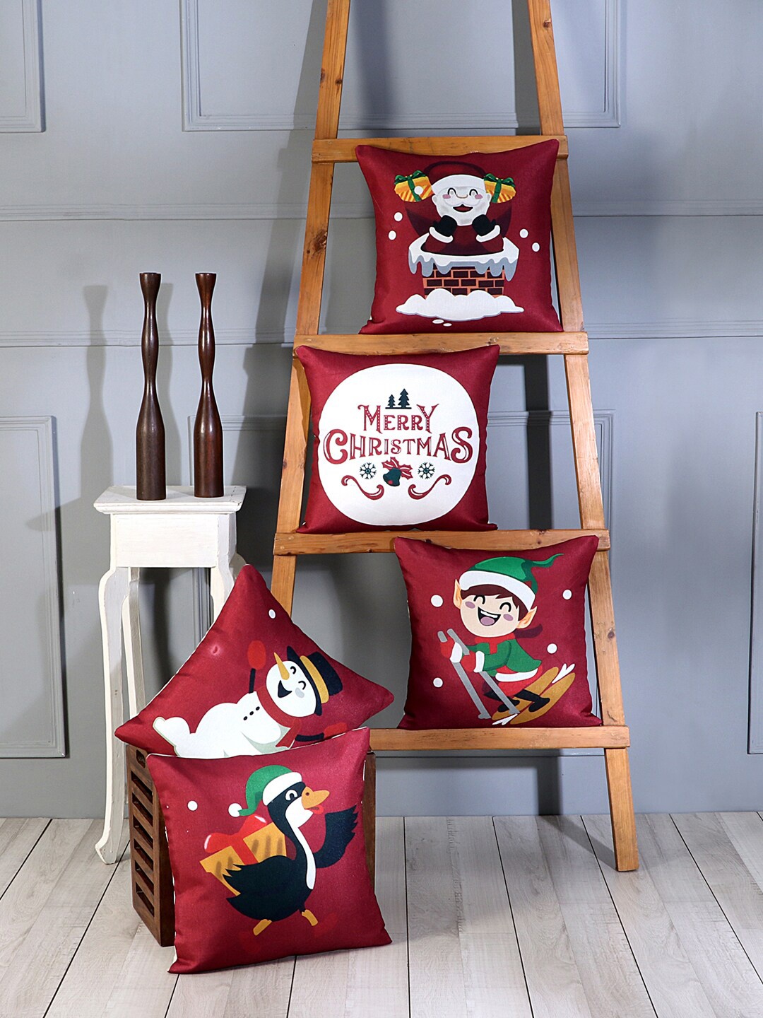 

SOKNACK Red & White Set of 5 christmas eve Square Cushion Covers