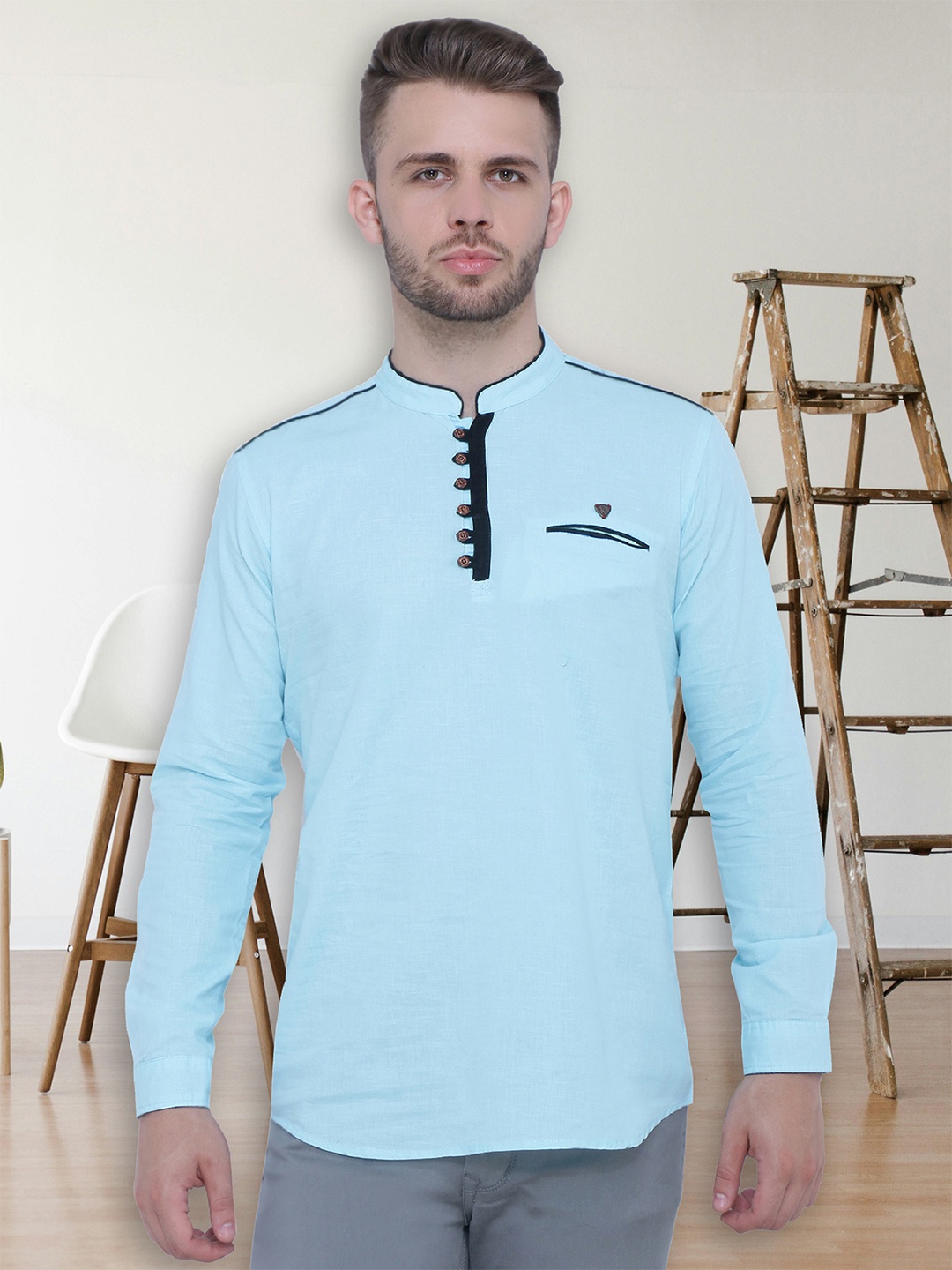 

Kuons Avenue Mandarin Collar Long Sleeves Linen Kurta, Turquoise blue