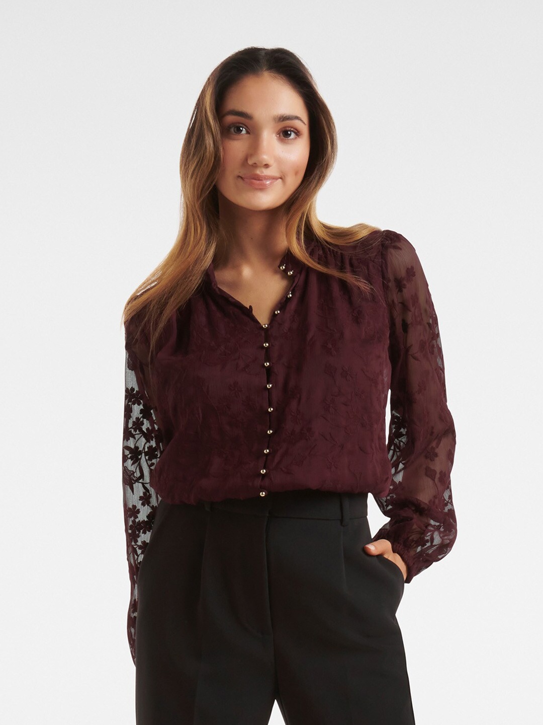 

Forever New Woman Maroon Embroidered Top