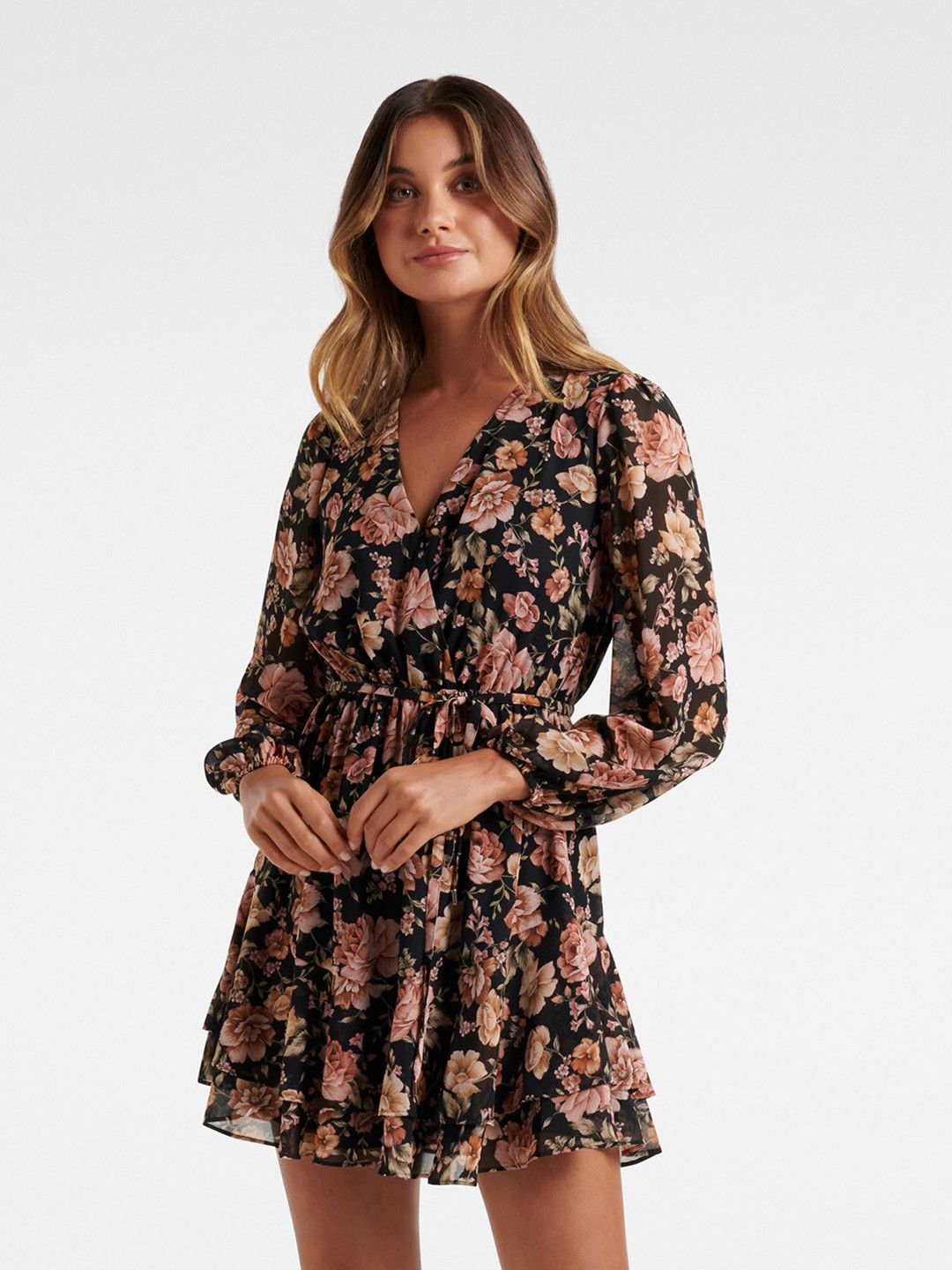 

Forever New Black & Peach Printed Floral Mini Dress