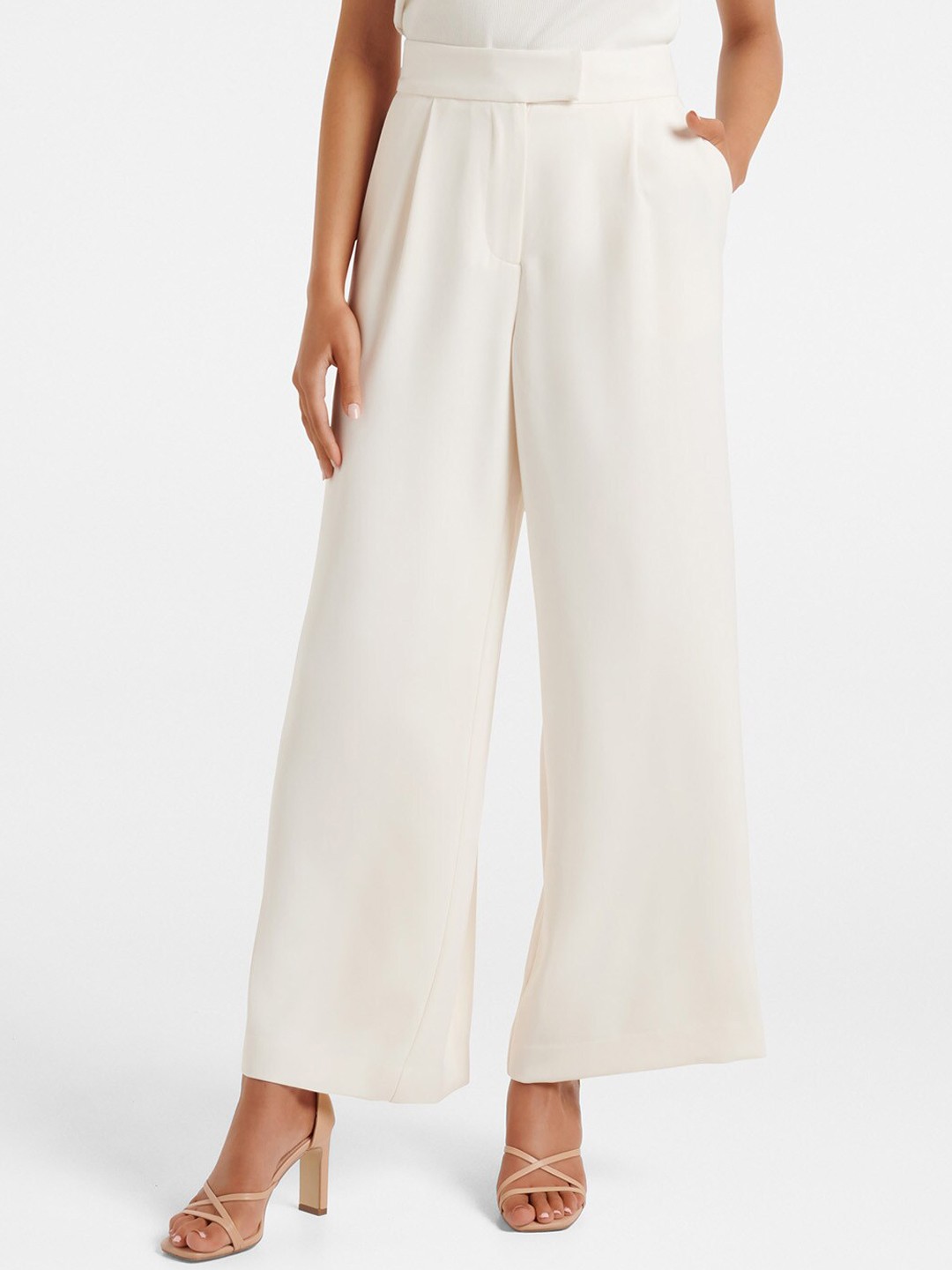 

Forever New Women Cream-Coloured Flared High-Rise Pleated Trousers