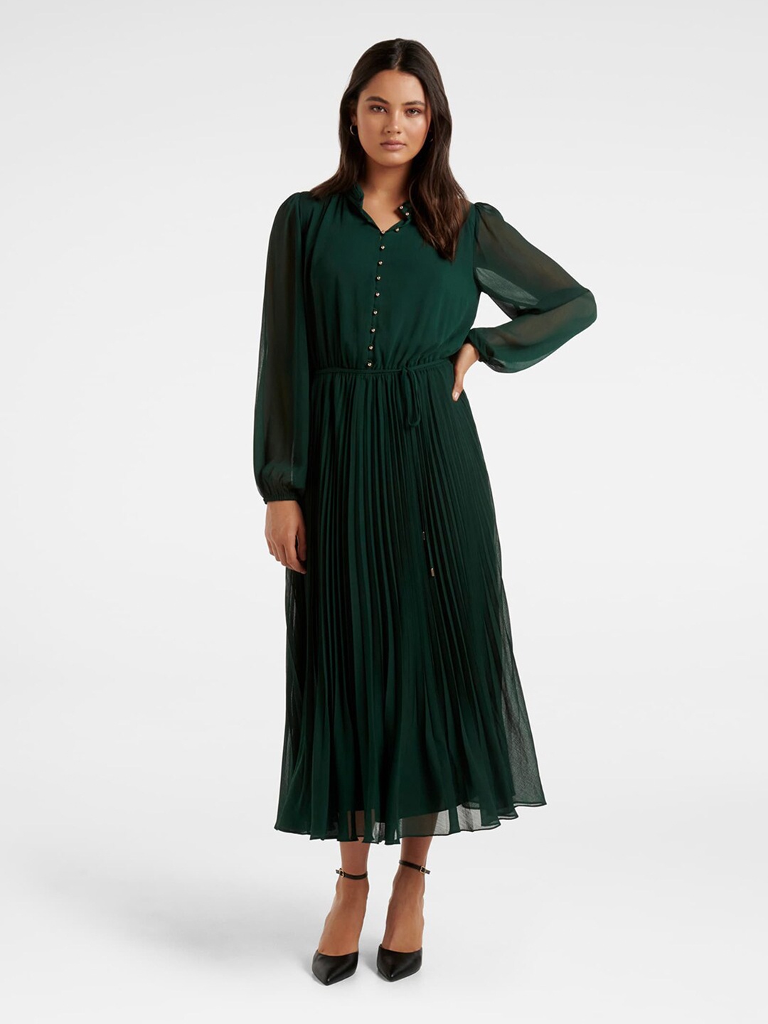 

Forever New Long Sleeves Shirt Collar Maxi Dress, Green