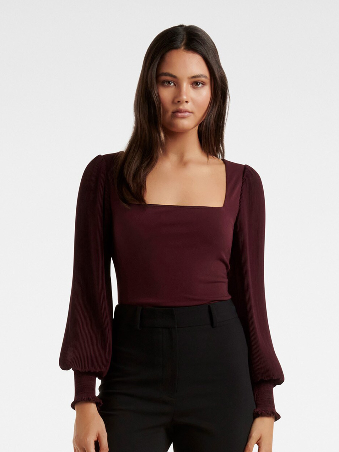 

Forever New Woman Maroon Bishop Sleeves Top