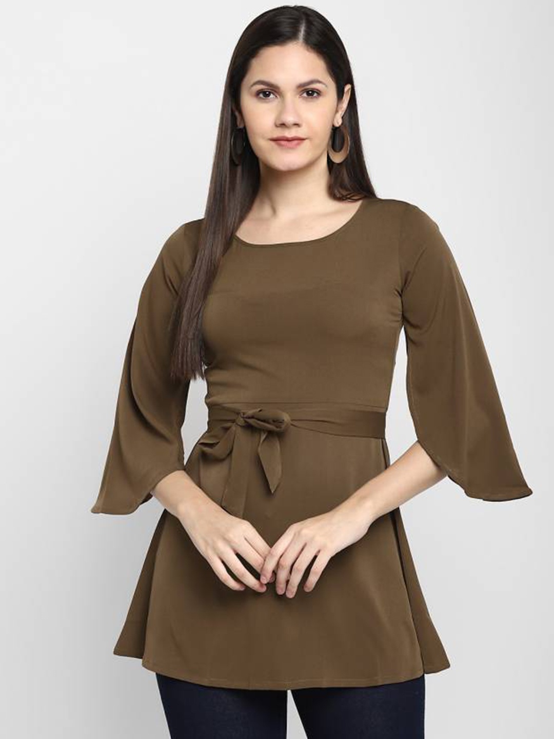

CHRISTEENA Green Solid Cinched Waist Longline Top