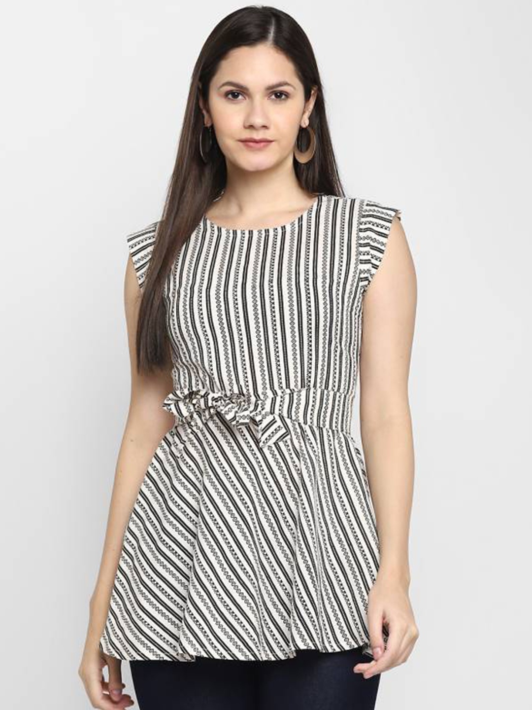 

CHRISTEENA Off White & Black Striped Longline Top