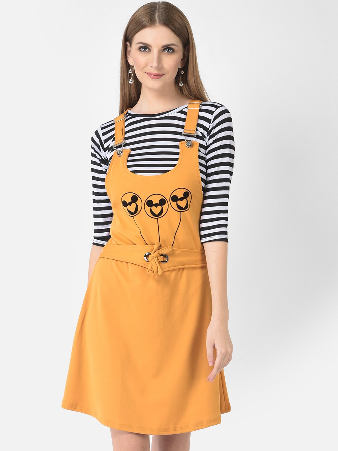 

FNOCKS Women Yellow Printed Slim-Fit Dungaree Skirt with Striped Top