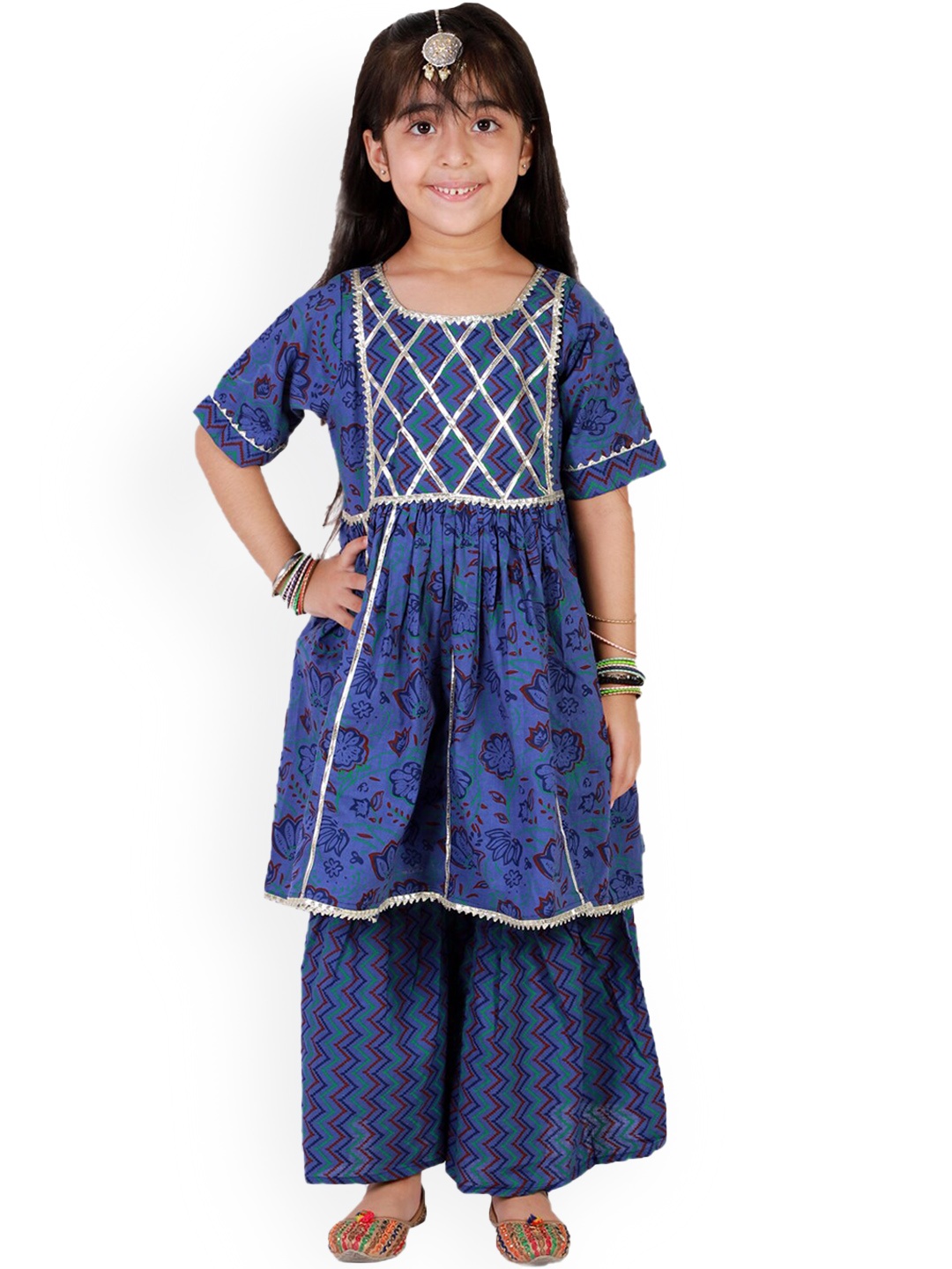 

Superminis Girls Navy Blue Floral Printed Pleated Gotta Patti Pure Cotton Kurta with Sharara
