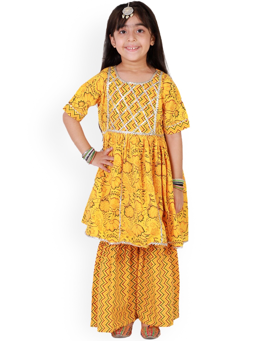 

Superminis Girls Yellow Floral Printed Layered Gotta Patti Pure Cotton Kurta with Sharara