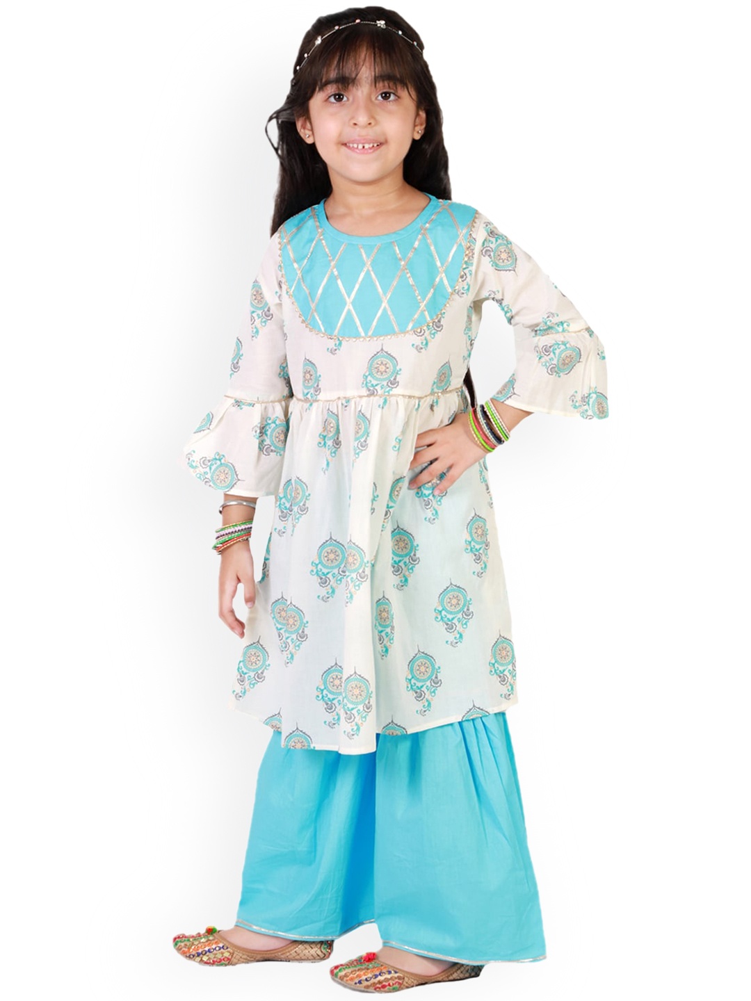 

Superminis Girls Blue Printed Layered Gotta Patti Pure Cotton Kurta with Sharara