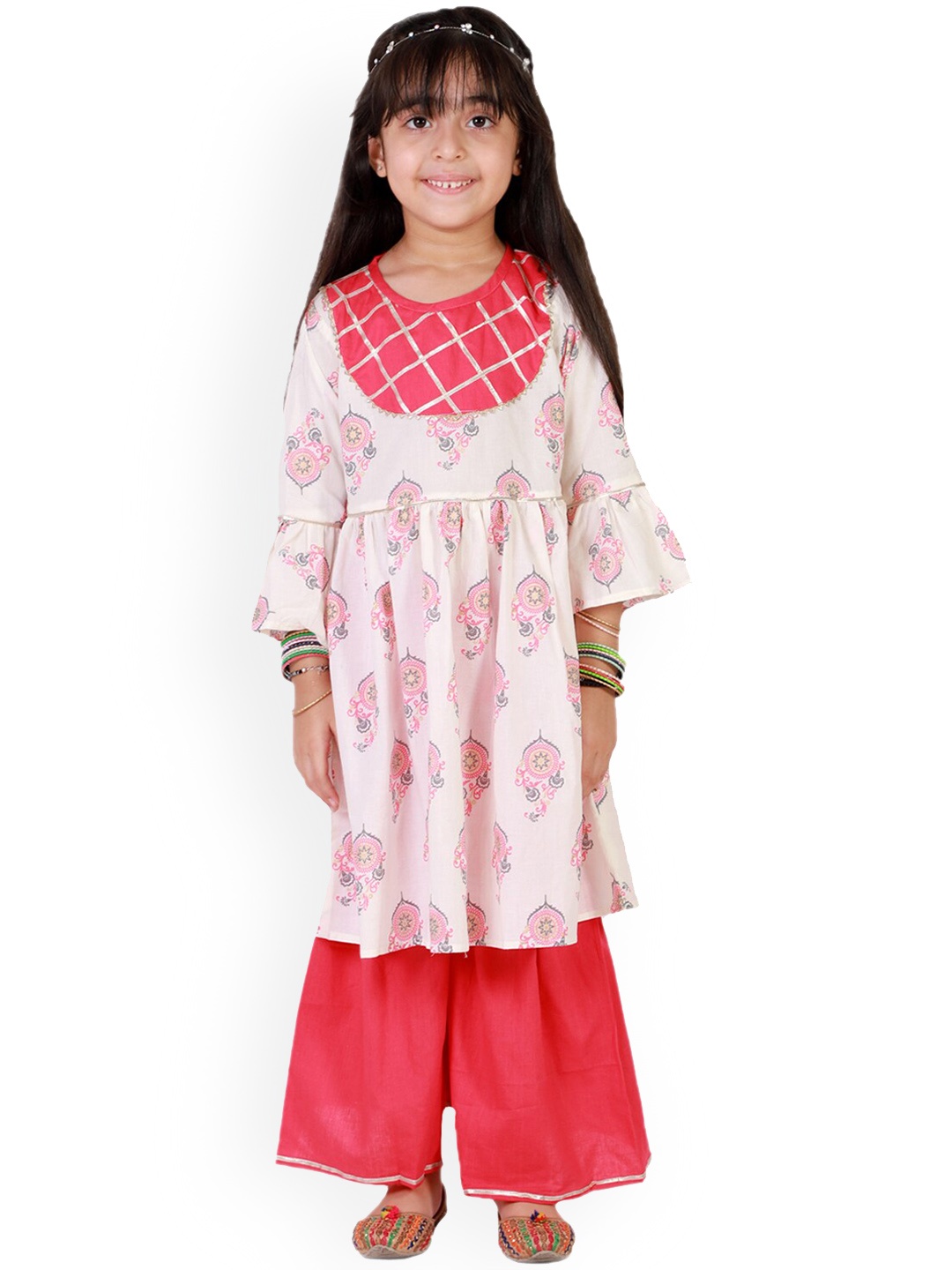 

Superminis Girls Pink Floral Printed Layered Gotta Patti Pure Cotton Kurta with Sharara