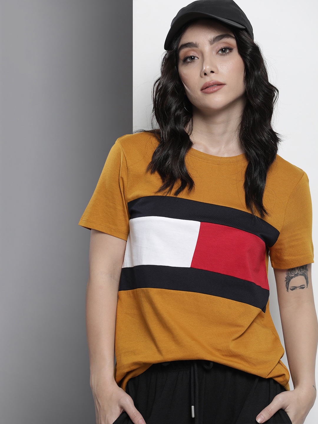 

Tommy Hilfiger Women Mustard Yellow & White Colourblocked Pure Cotton T-shirt