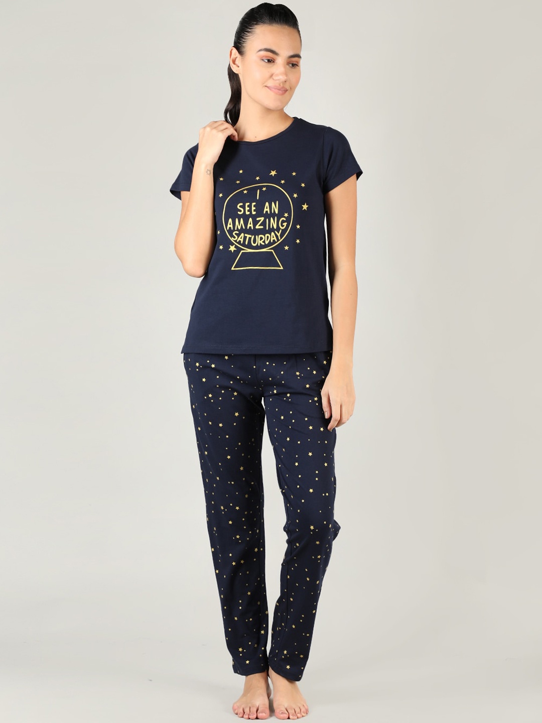 

Organzaa Women Navy Blue & Yellow Printed Night suit