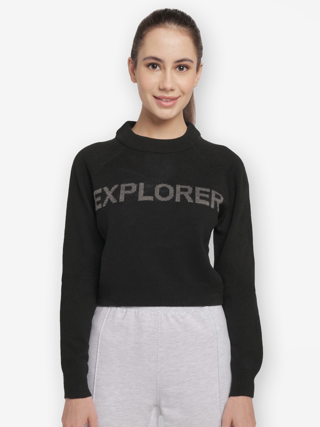 

Wildcraft Women Black & Grey Typography Printed Crop Pullover