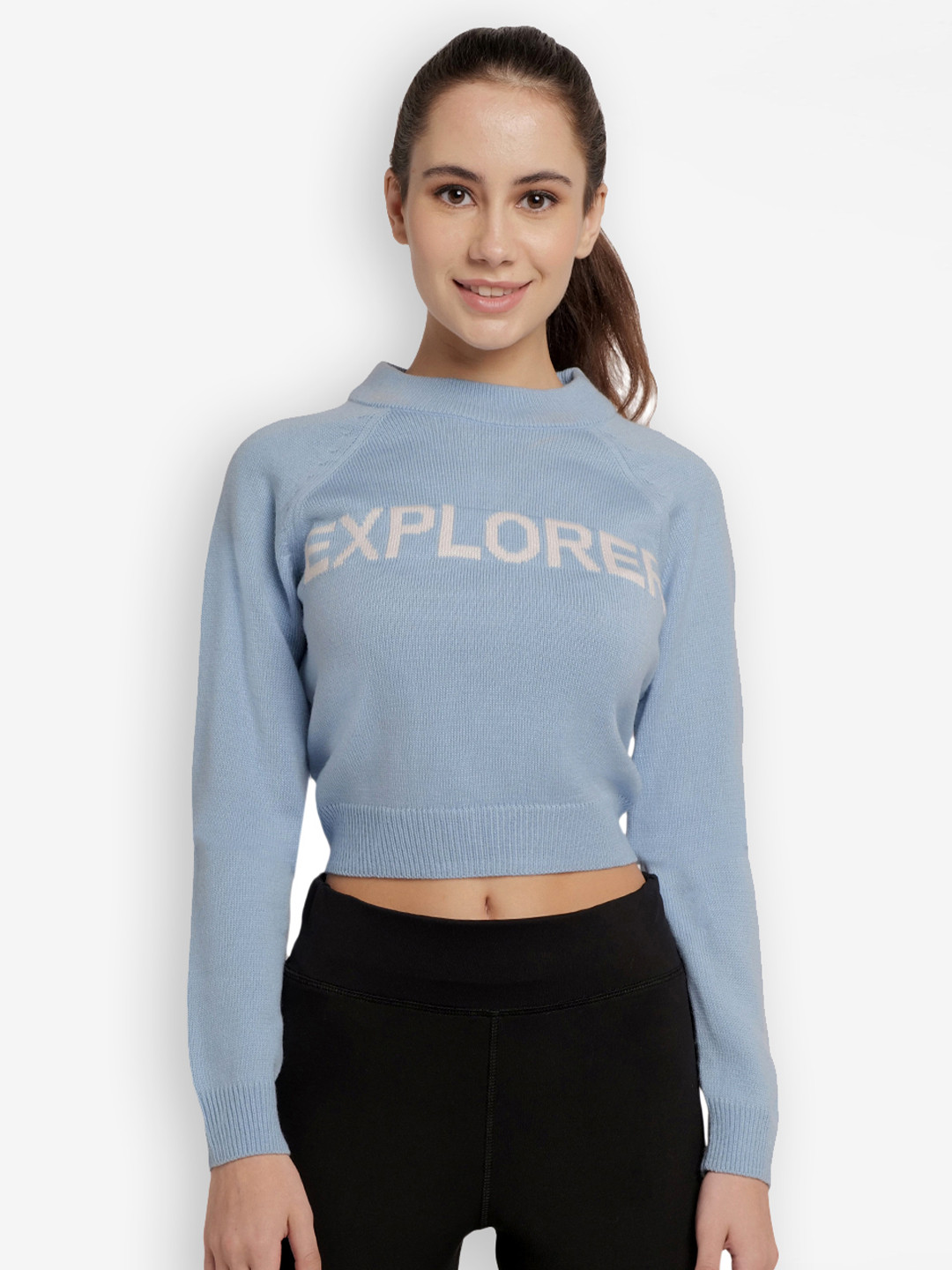 

Wildcraft Women Blue & White Typography Printed Crop Pullover