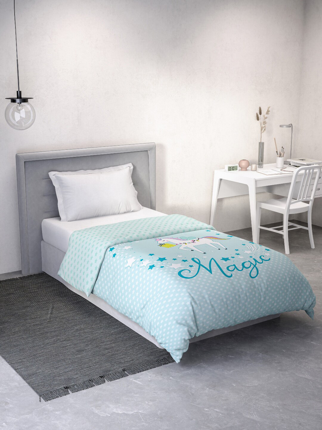 DDecor Turquoise Blue & White Printed Mild Winter 150 GSM Cotton Single Bed Quilt