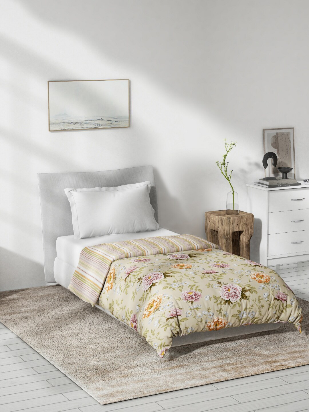 

DDecor Beige & Green Floral Printed Mild Winter 150 GSM Cotton Single Bed Quilt