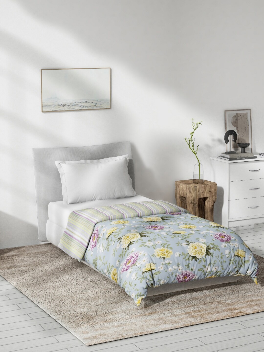 

DDecor Blue & Yellow Floral Printed Mild Winter 150 GSM Cotton Single Bed Quilt