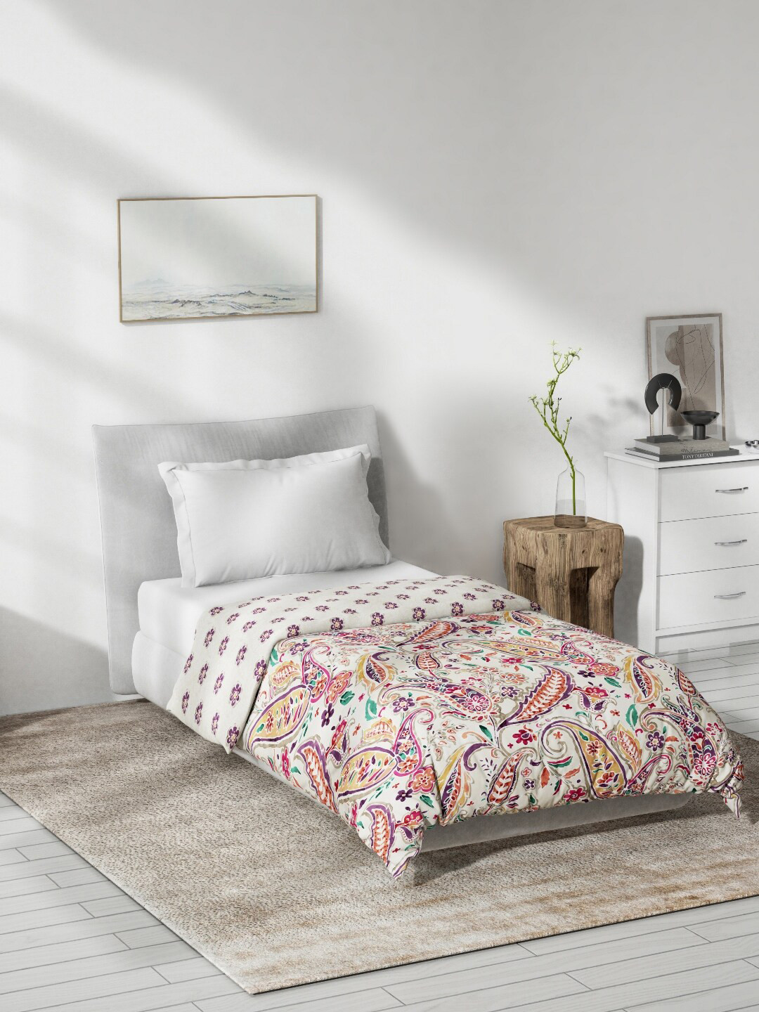 

DDecor White & Orange Ethnic Motifs Printed Mild Winter 150 GSM Cotton Single Bed Quilt