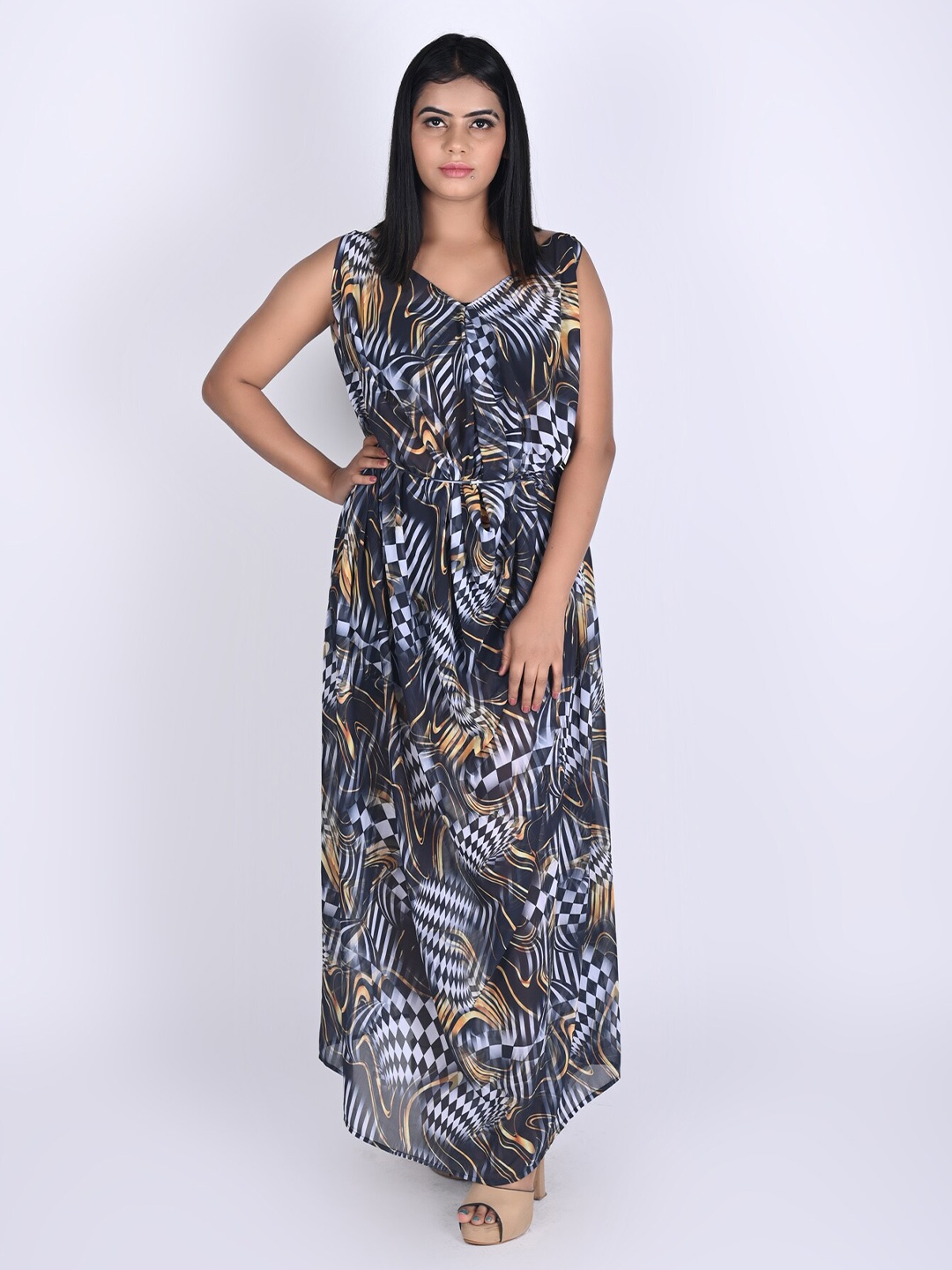 

Rajoria Instyle Black & Brown Printed Georgette Maxi Dress