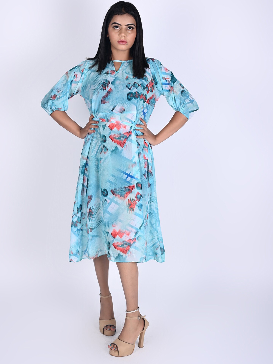 

Rajoria Instyle Blue & Coral Printed Georgette Midi Dress