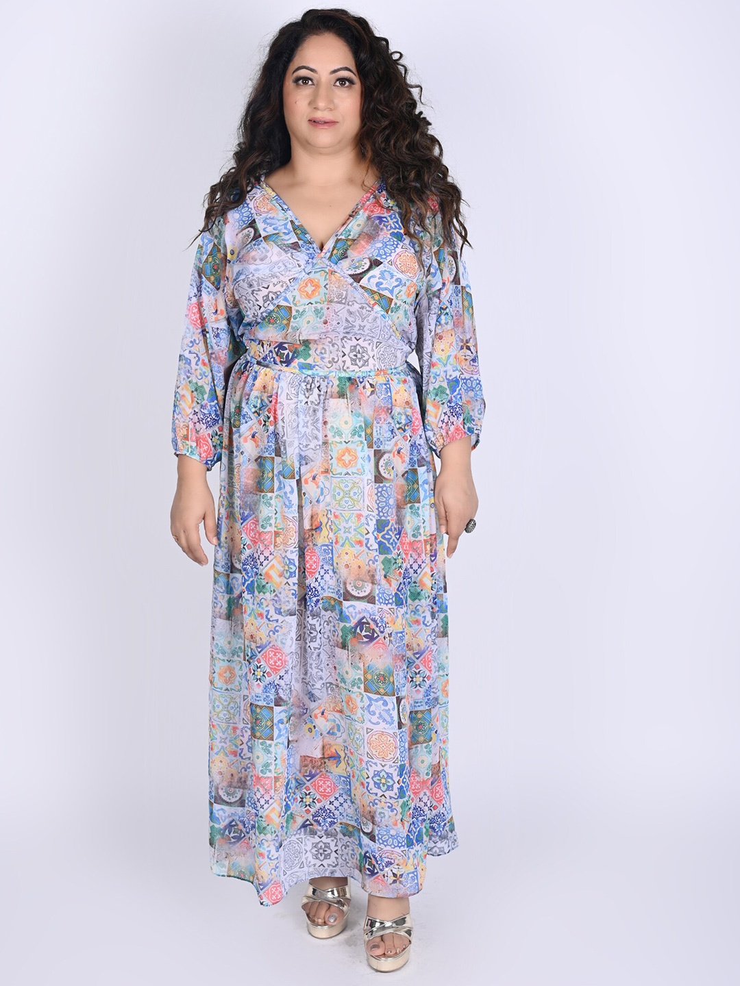 

Rajoria Instyle Blue & Pink Printed Georgette Midi Dress