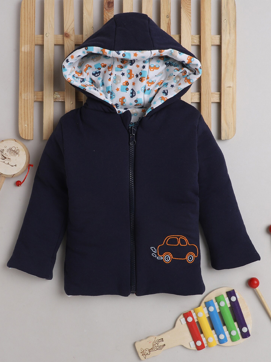 

BUMZEE Infant Boys Navy Blue White Reversible Cotton Open Front Jacket