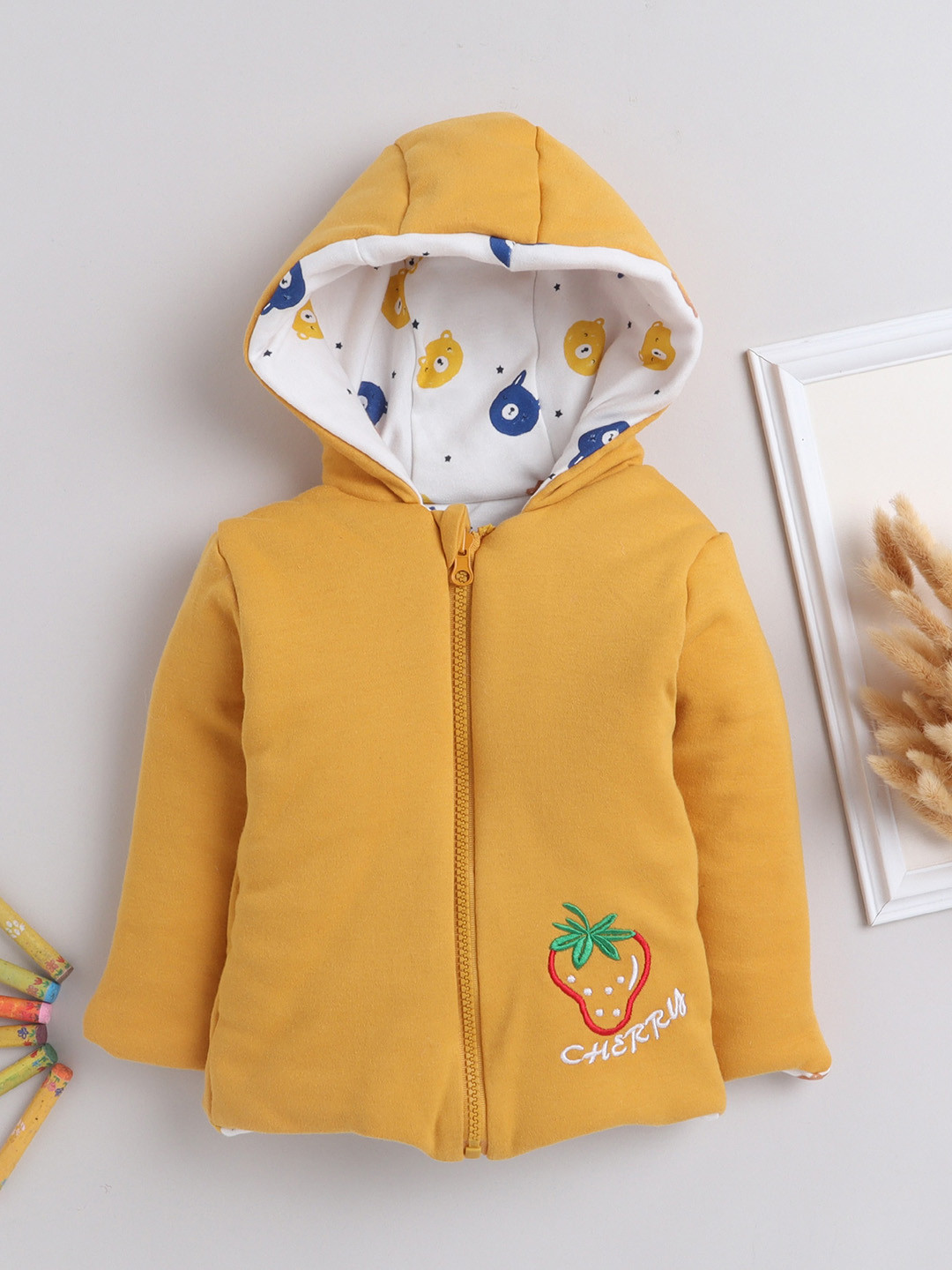 

BUMZEE Boys Mustard White Reversible Cotton Bomber Jacket