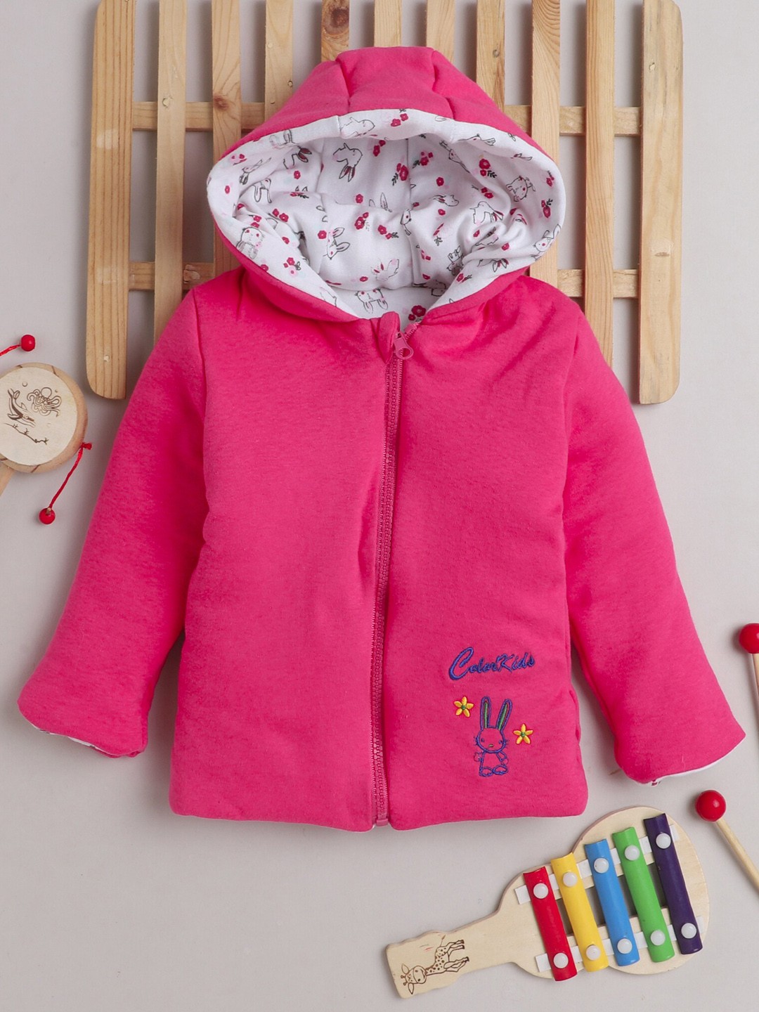 

BUMZEE Girls White & Pink Cotton Reversible Padded Jacket
