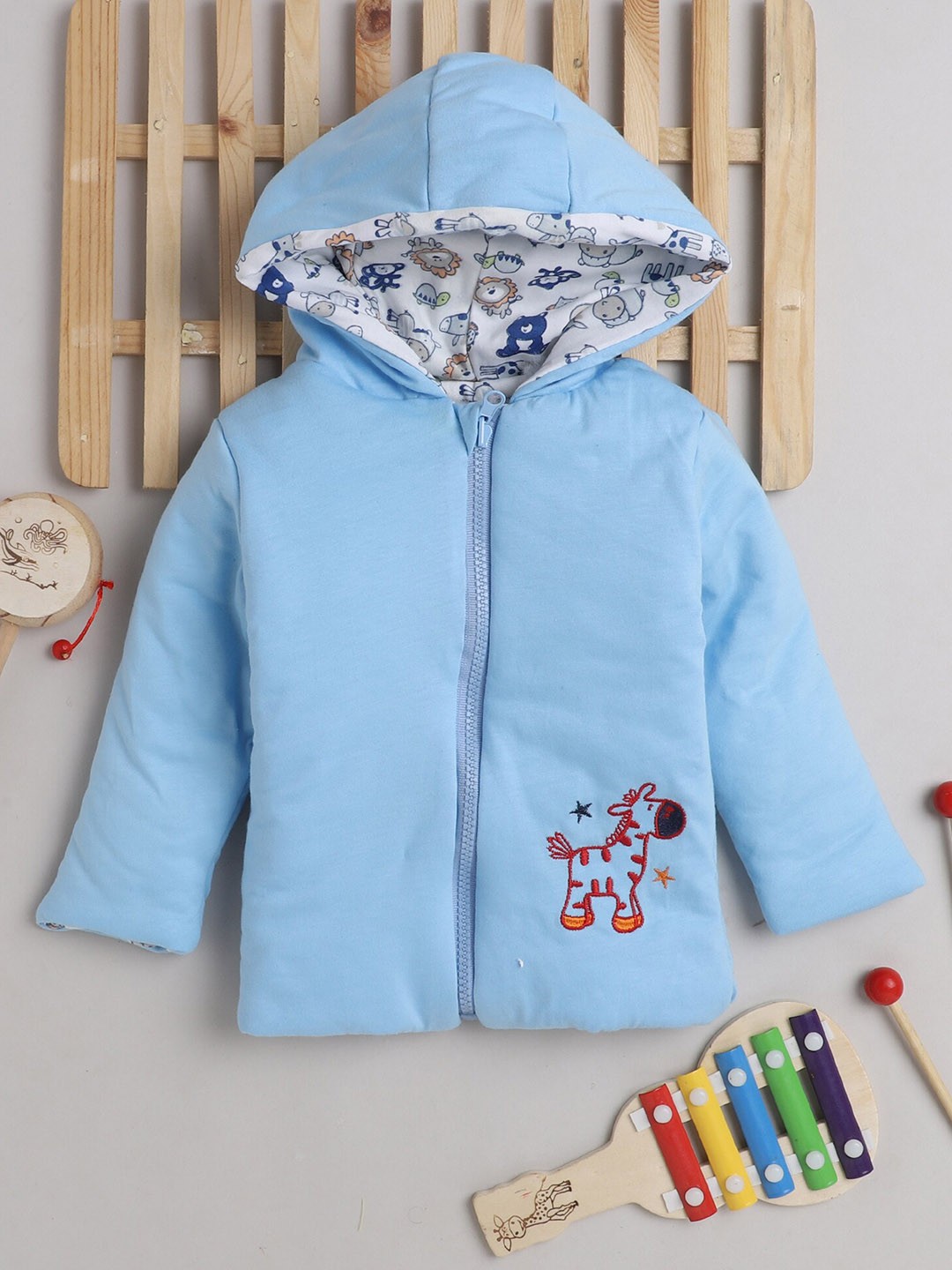 

BUMZEE Boys Blue Reversible Open Front Cotton Jacket with Embroidered