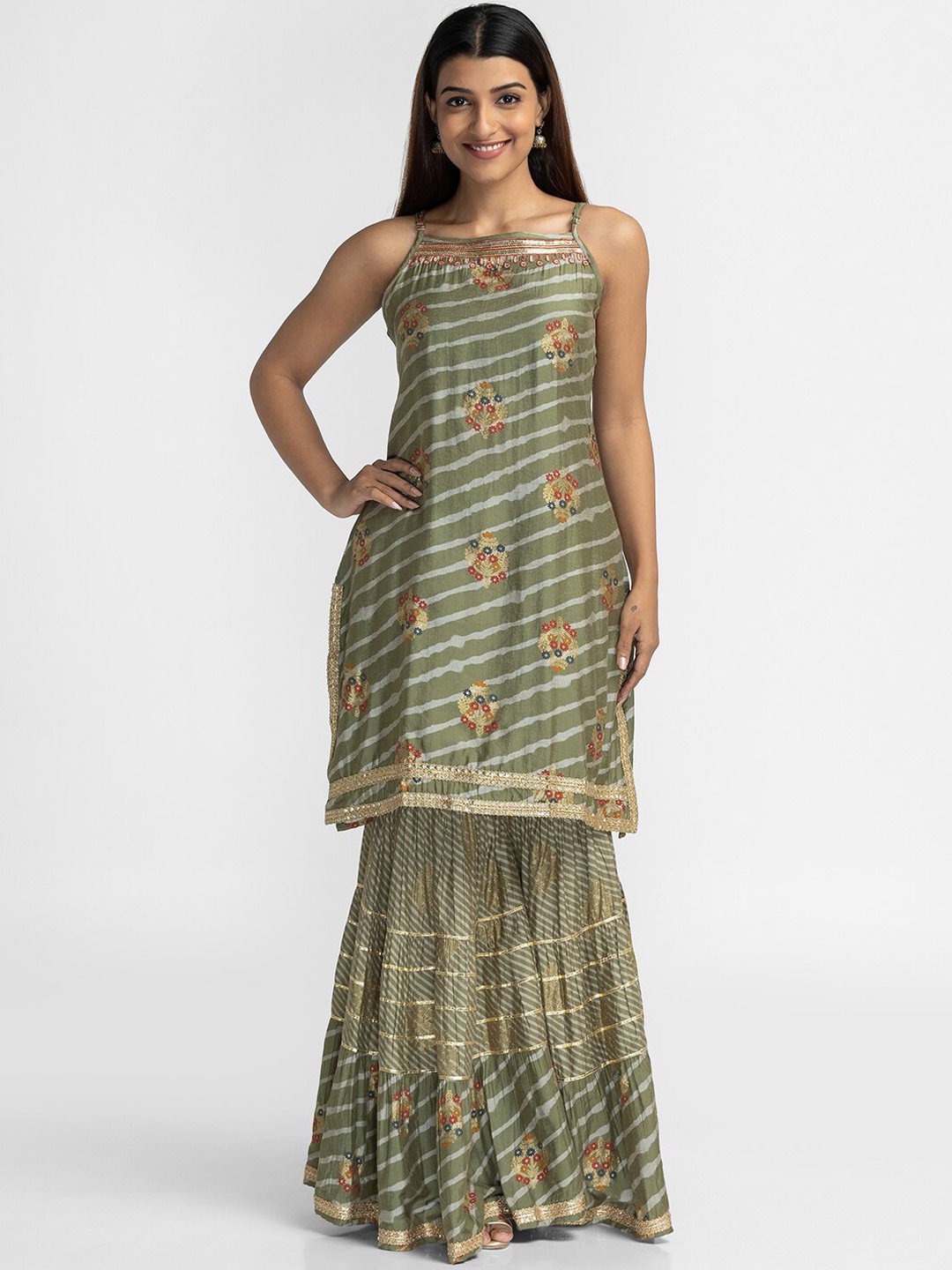 

Globus Women Olive Green Ethnic Motifs Printed Kurta With Sharara