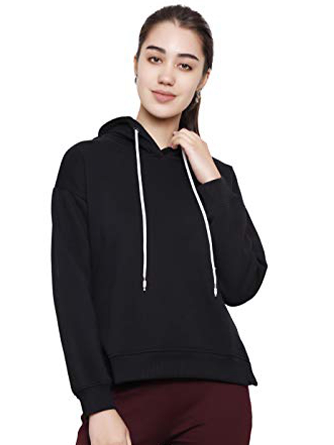 

DECHEN Women Black Hooded Fleece Sweatshirt