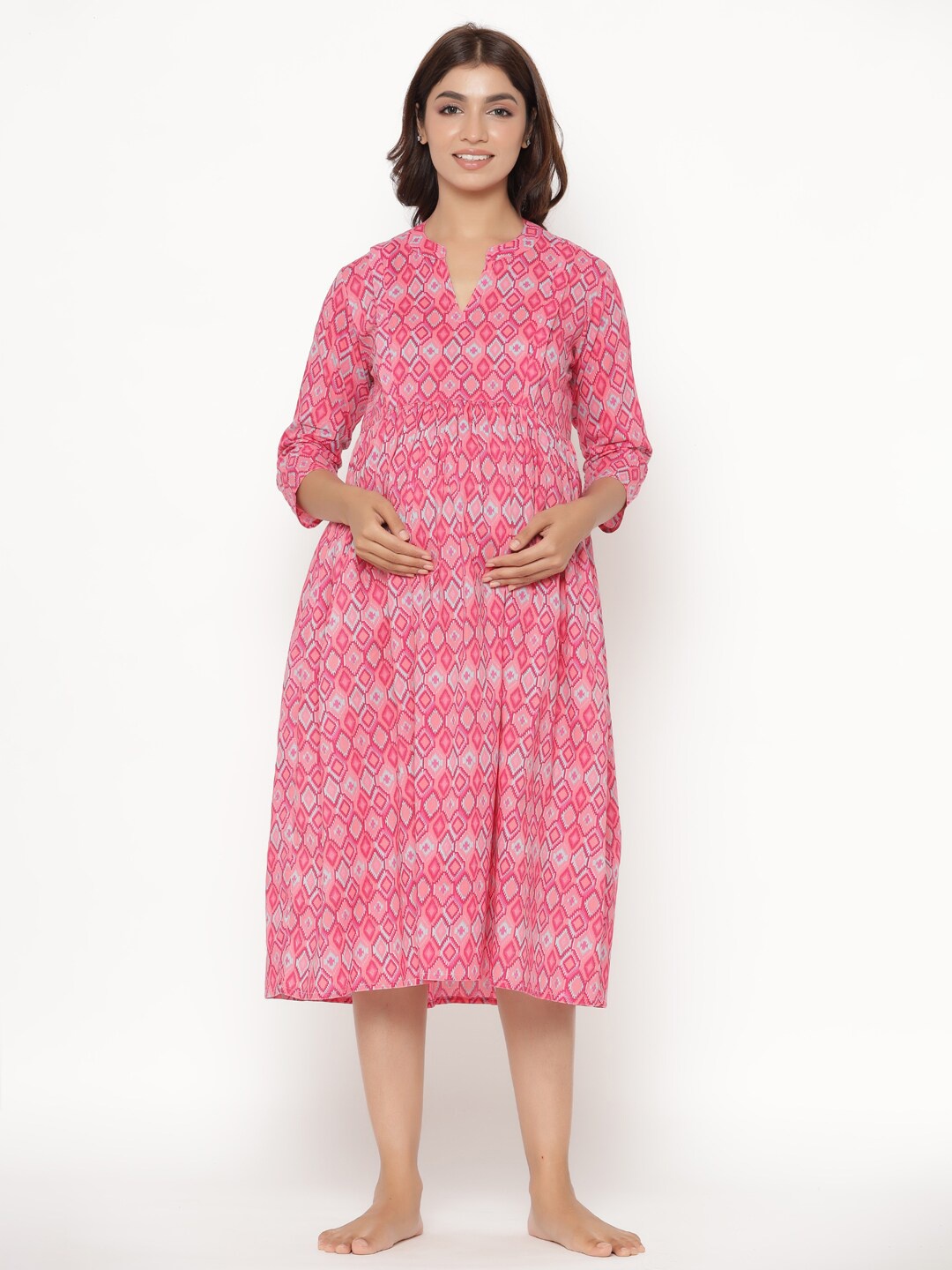 

CRAFIQA Pink Printed Cotton Maternity & Nursing Pure Cotton A-Line Midi Dress