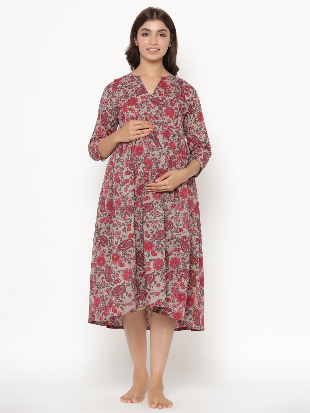 

CRAFIQA Grey Floral Printed Maternity & Nursing Cotton A-Line Midi Dress