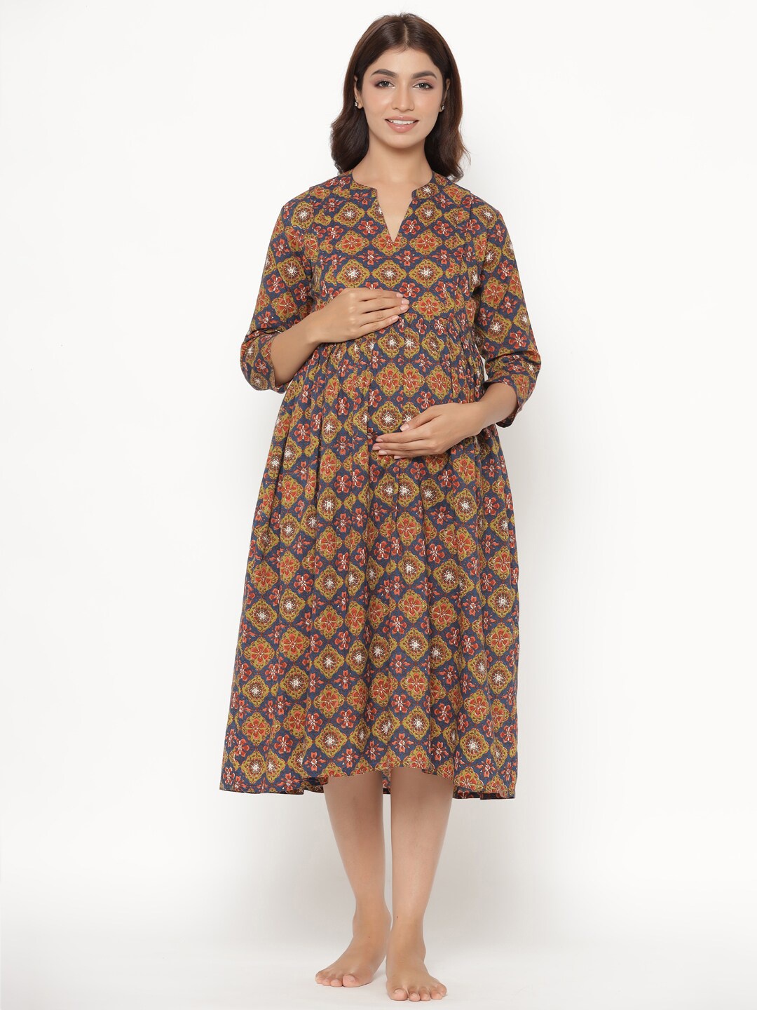 

CRAFIQA Brown Ethnic Motifs Printed Maternity & Nursing A-Line Cotton Midi Dress